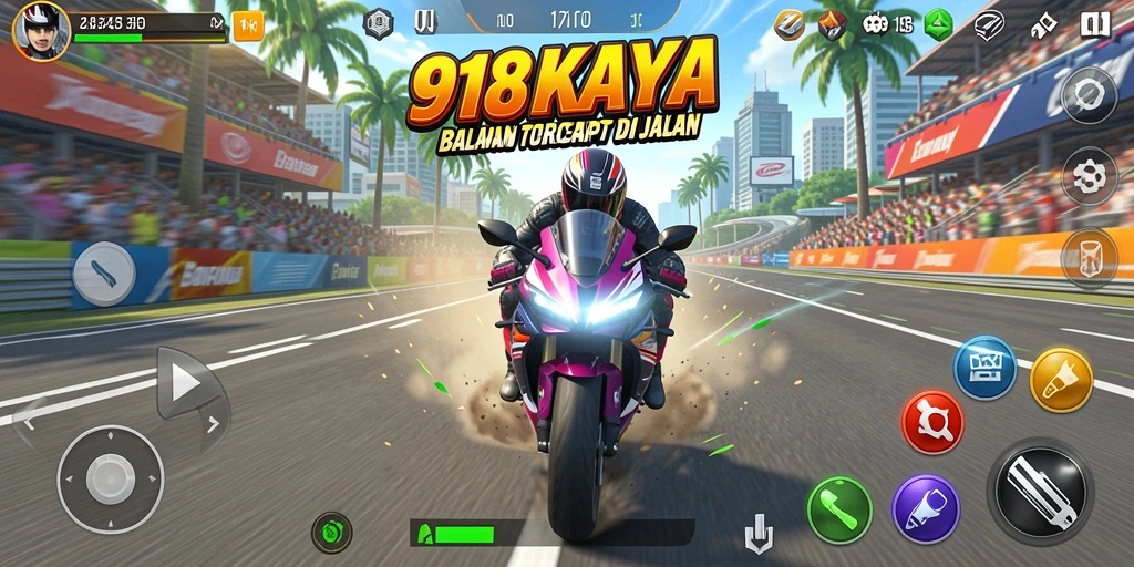 Screenshot gameplay 918KAYA menampilkan balapan motor seru di jalan.