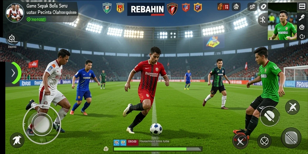 Tampilan gameplay REBAHIN dengan aksi seru di lapangan sepak bola.