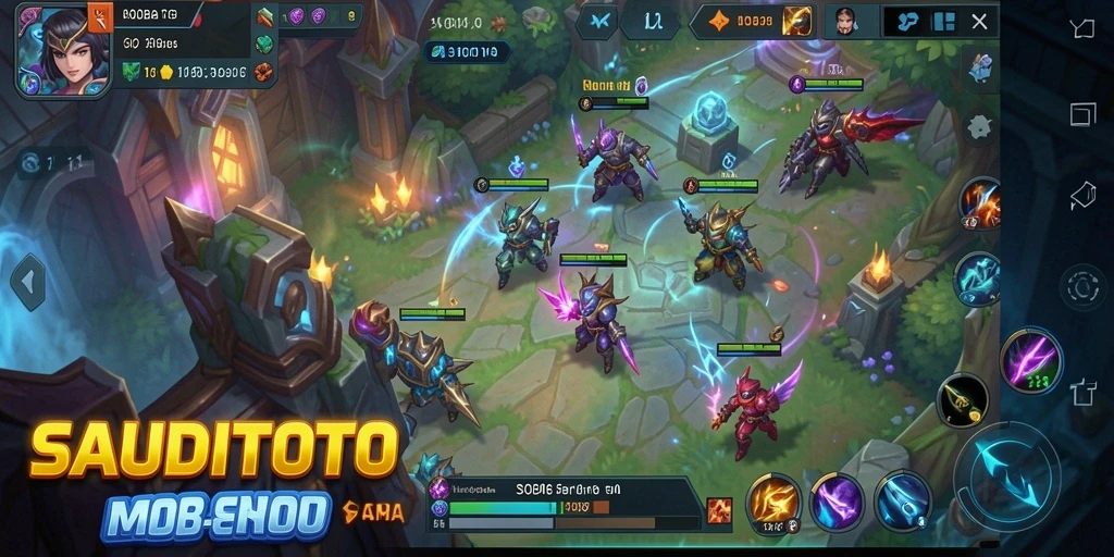 Tangkapan layar utama menunjukkan aksi gameplay MOBA yang mendebarkan.